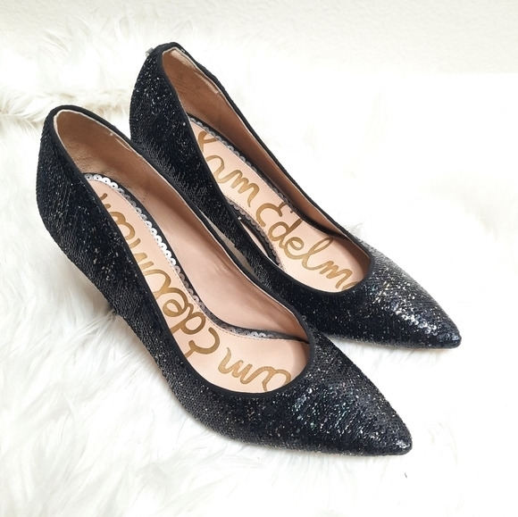 Same Edelman Black Sequined Hazel Pump High Heels 6 - Picture 2 of 9